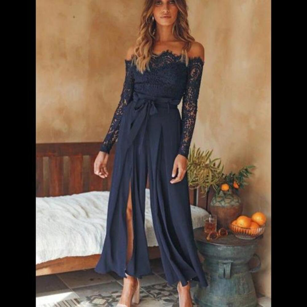Navy Lace Off-Shoulder Jumpsuit